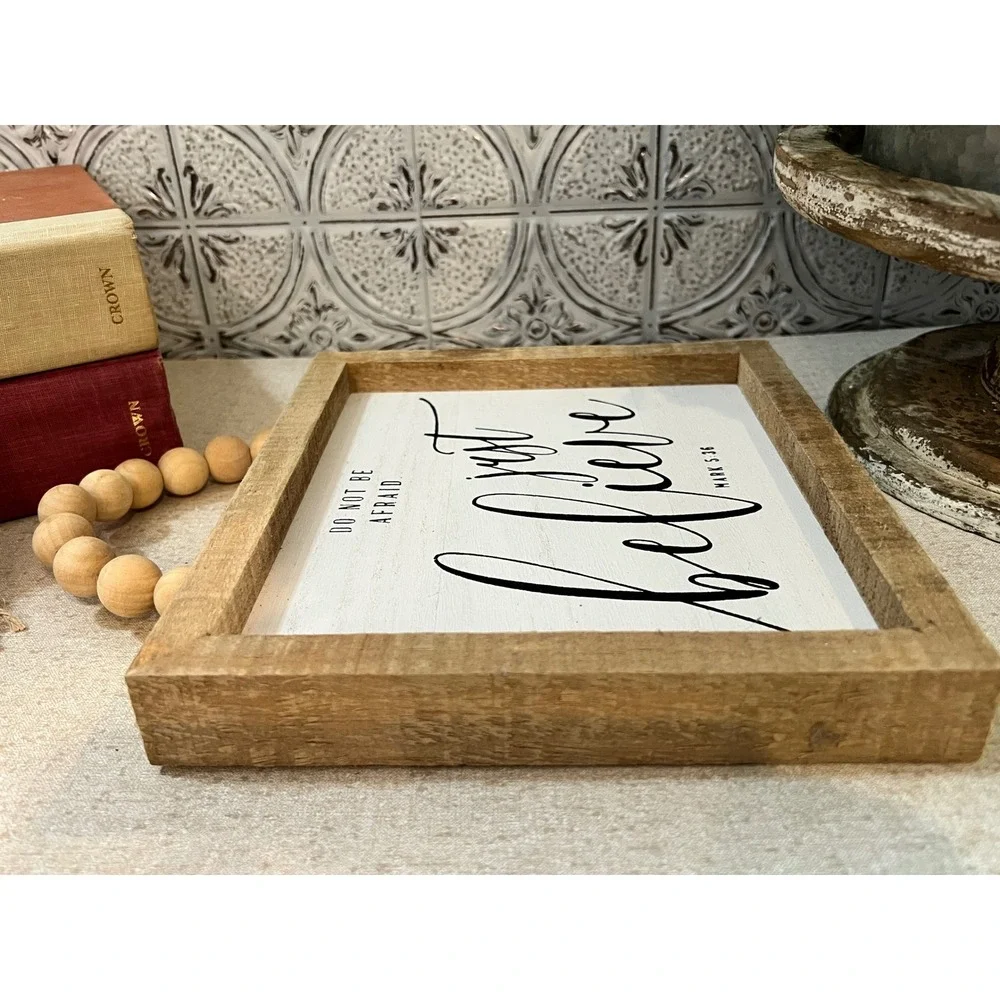 Mark 5:36 Just Believe Rustic Wood Framed Sign with Bead Handle Farmhouse Decor